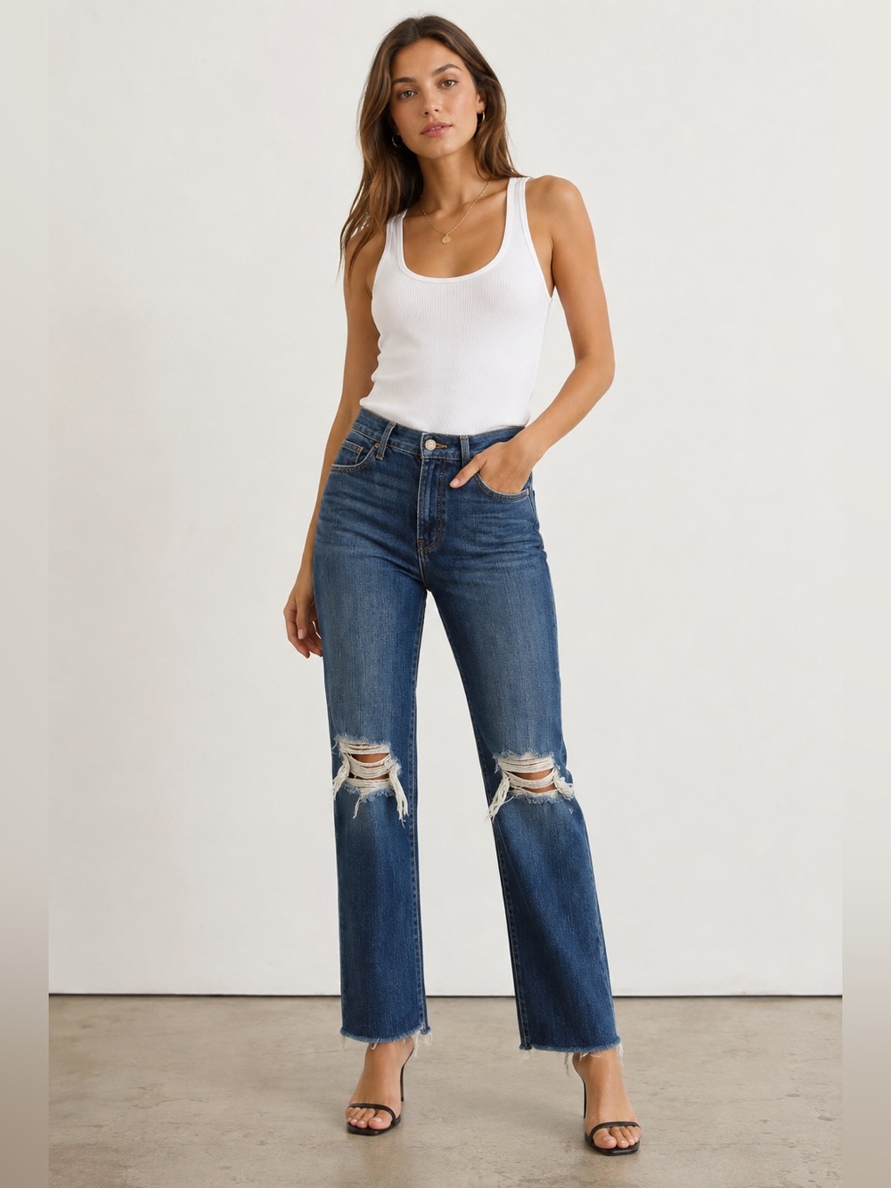 L’AGENCE Audrina High Rise Straight Leg Distressed Raw Hem Jeans Size 25 Blue